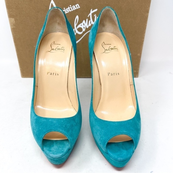 Christian Louboutin Troca 140 Genuine Suede Leather Peep Toe Heels Teel Sz 38.5 - Picture 3 of 9